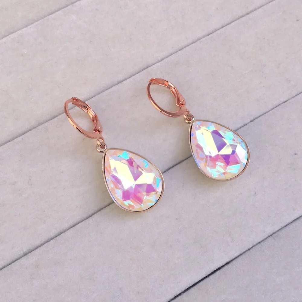 White Aurora Borealis + Rose Gold Crystal Pear Drop Earrings